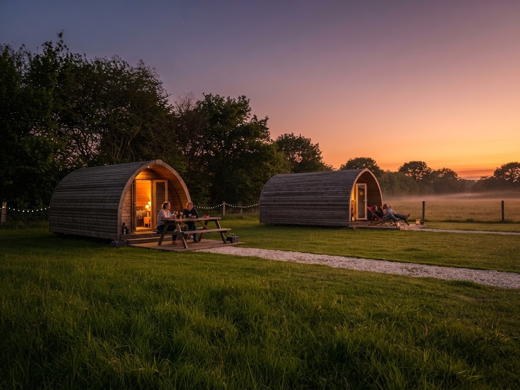 Solar panels and a compost loo hut beside a glamping unit in a field
