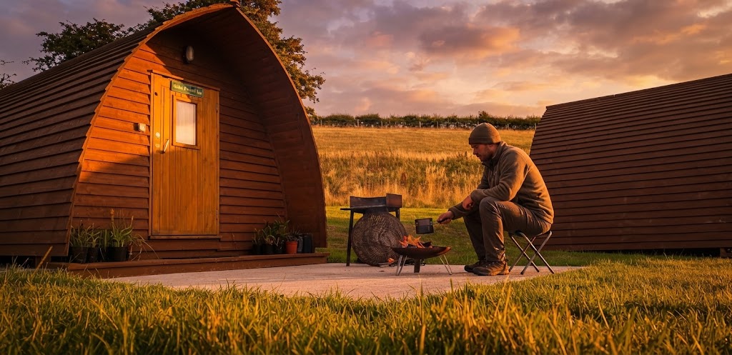 Luxury glamping cabin with decking and countryside views near Swansea