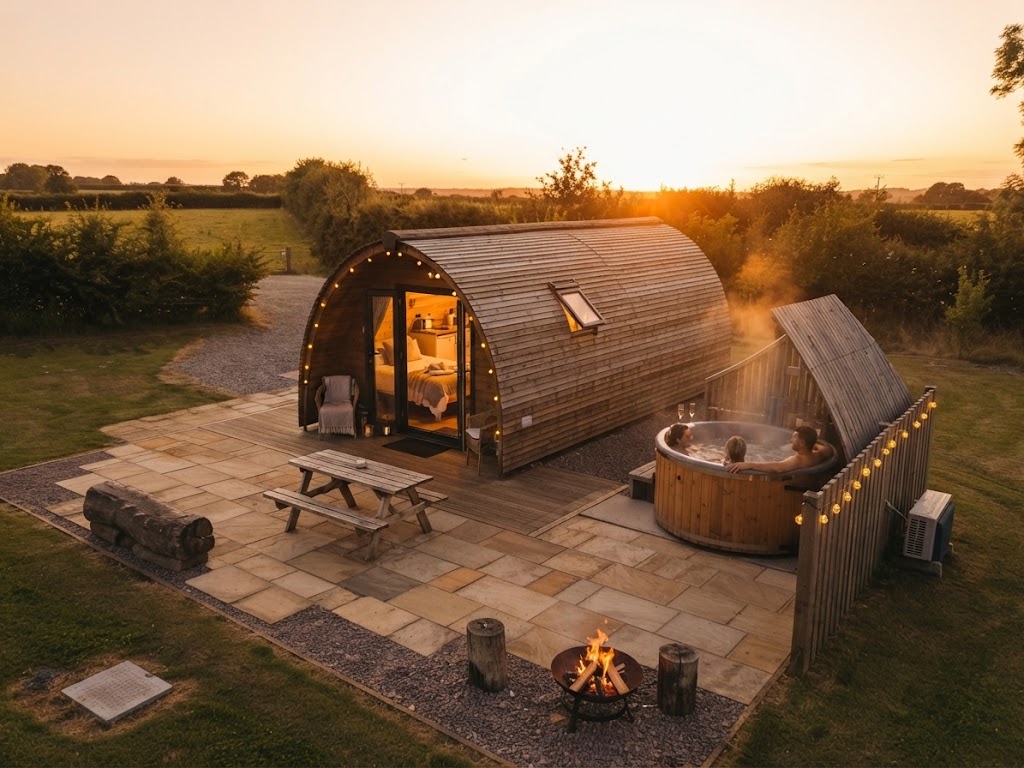 Glamping pod interior with double bed and coastal light through the window