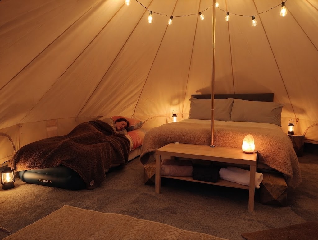 Safari tent with wooden deck overlooking an Anglesey beach