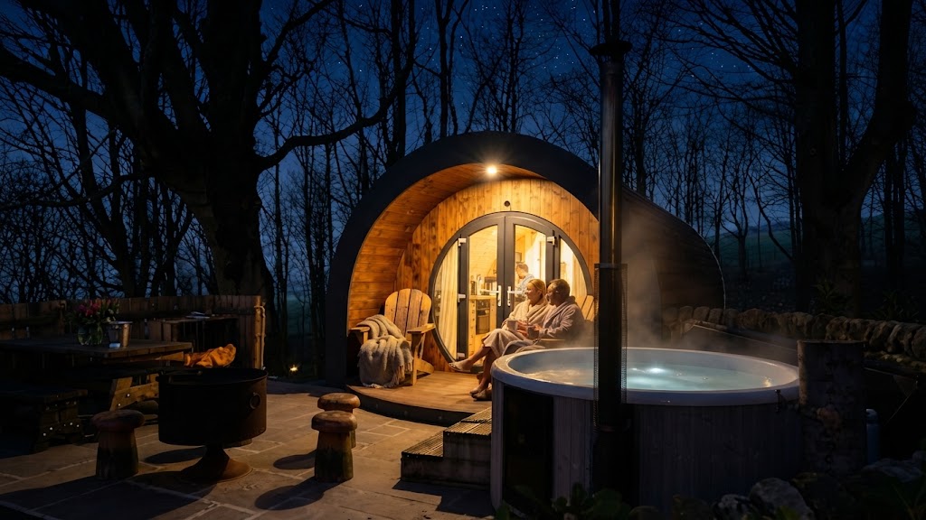 Glamping pods on a hillside overlooking the Conwy Valley in North Wales