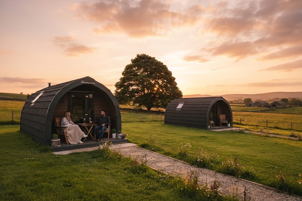 Wooden glamping pod interior with double bed and view of Snowdonia mountains
