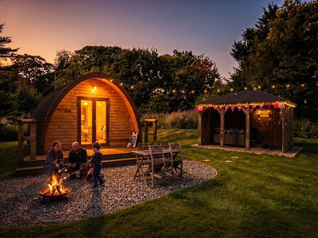 Glamping site on the Pembrokeshire coast with the sea beyond the field