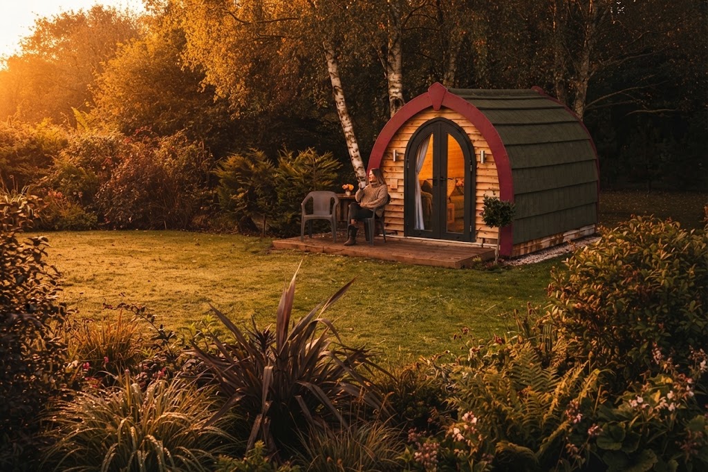 Ensuite glamping pod bathroom with walk-in shower and wooden fittings