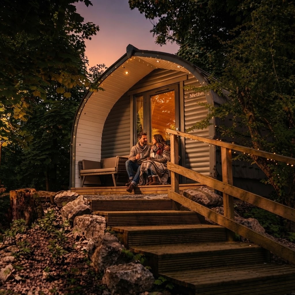 Family with children outside a large glamping pod with picnic bench