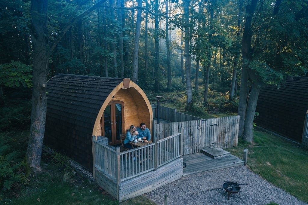 Hot tub lit at night beside a pod in the Clwydian hills