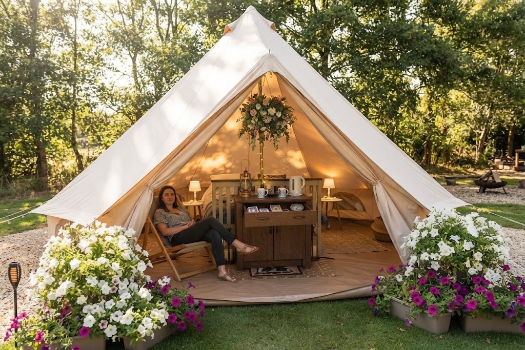 Yurt in a South Wales meadow with the Brecon Beacons behind