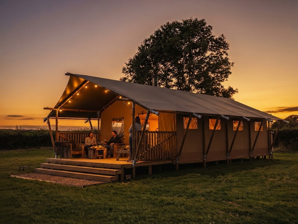 Dog sitting outside a glamping cabin in a South Wales field