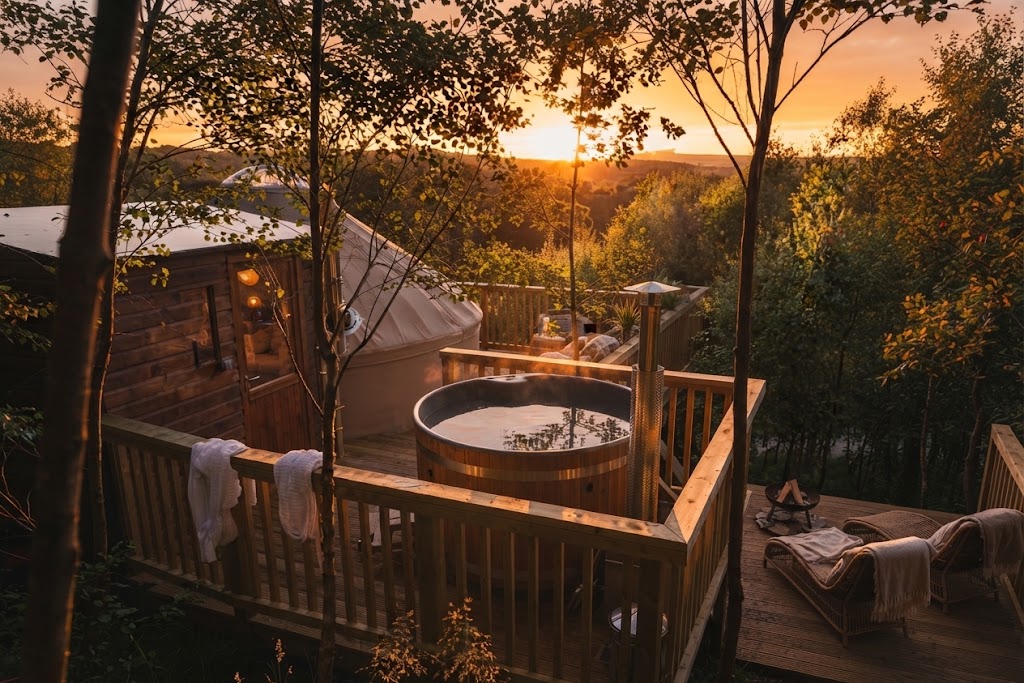 Eco glamping yurt with solar panels and compost loo in woodland