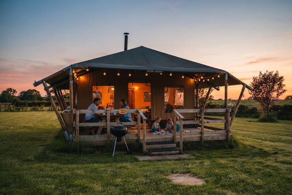 Luxury safari tent interior with wood burner, kitchen and dining table