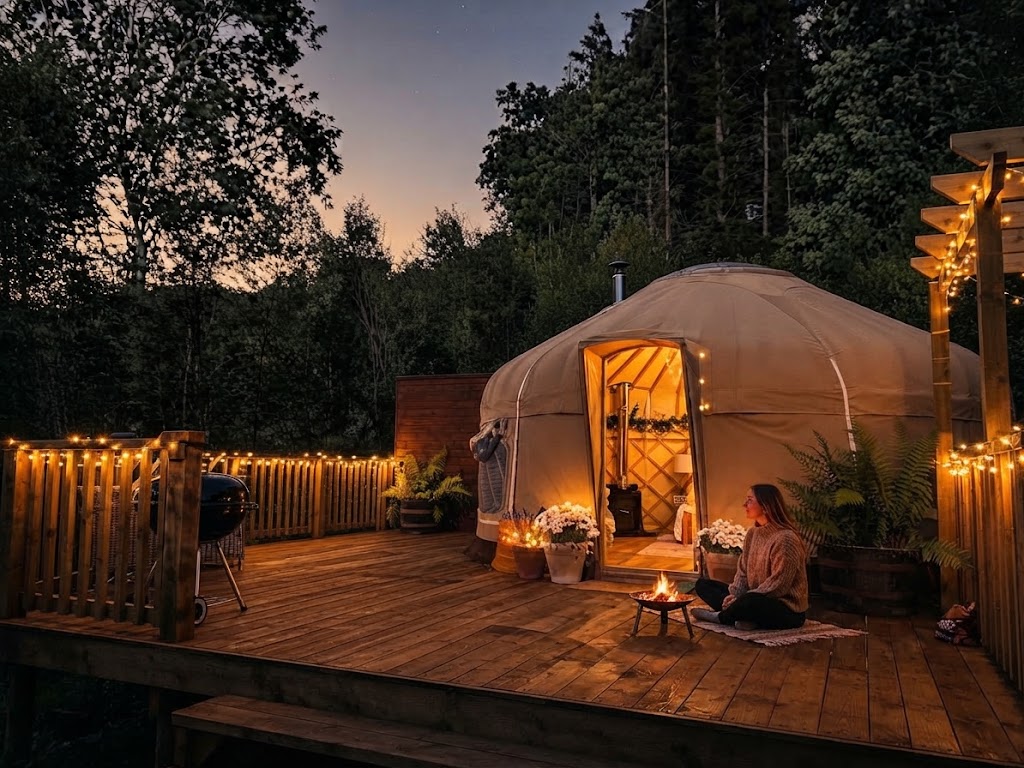 Small boutique glamping unit surrounded by wildflowers and long grass