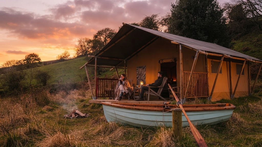 Glamping units in a field near Tenby with the Pembrokeshire coast beyond