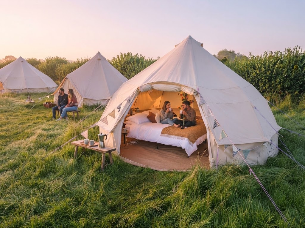 Row of glamping pods on a grassy terrace above the Welsh coastline
