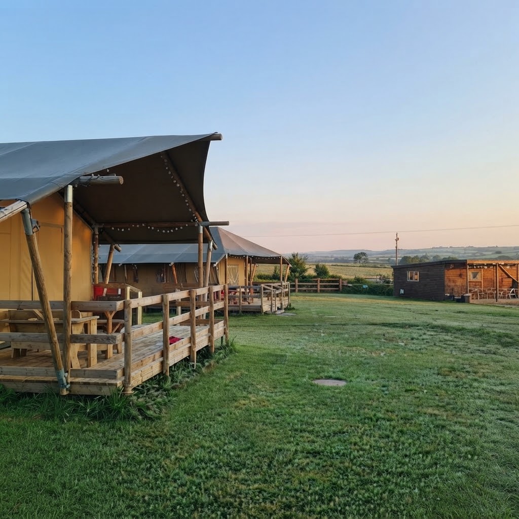Interior of a luxury glamping cabin with wood burner and large window