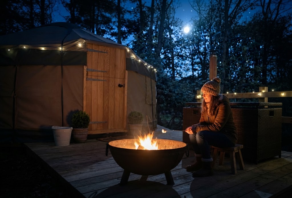 Glamping pod with wooden deck overlooking a green Welsh valley