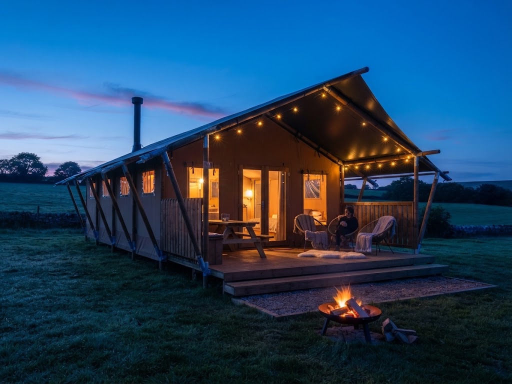 Dog sitting on the decking outside a glamping pod in the Welsh hills