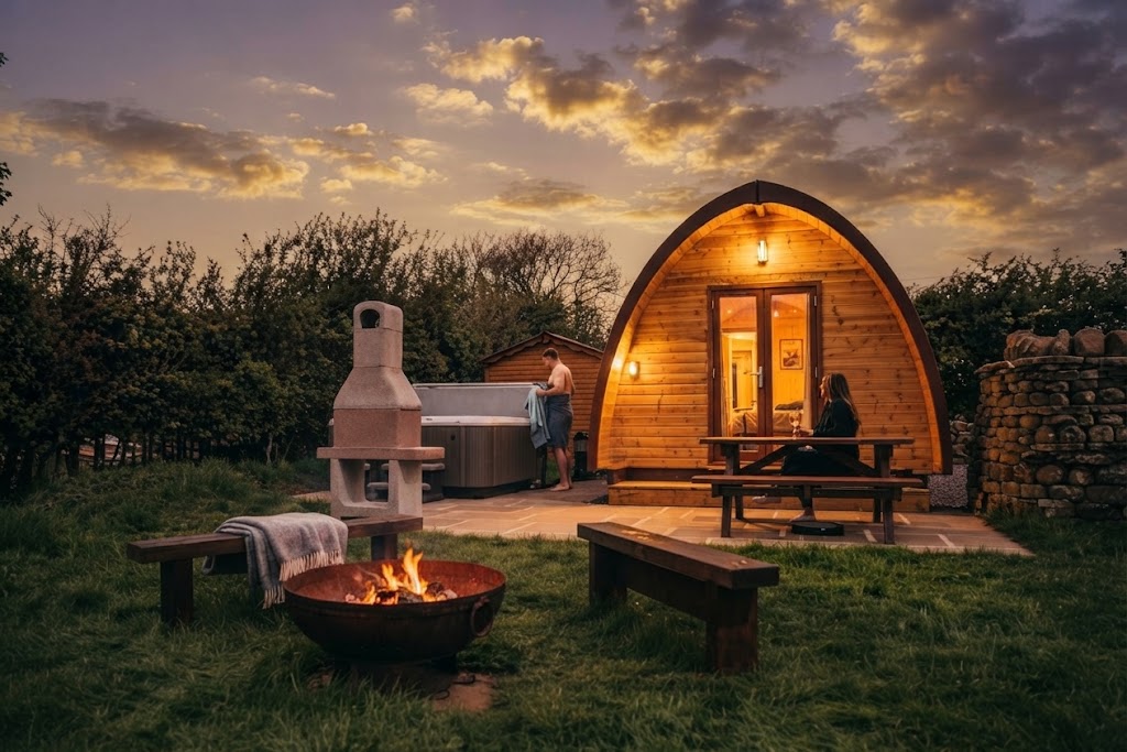 Two dogs asleep by a wood burner inside a glamping cabin