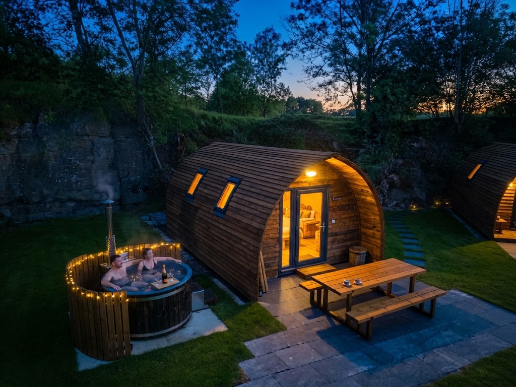 Glamping pods on a hillside in North Wales with mountains behind