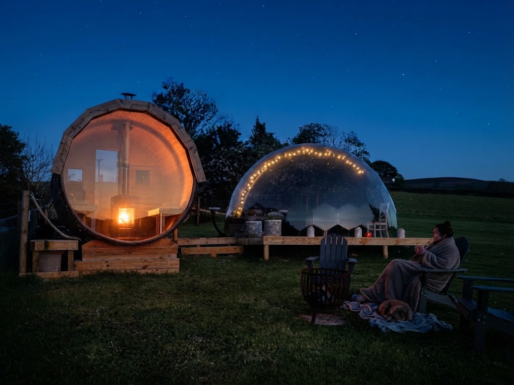 Wood-fired hot tub steaming beside a cabin in the Welsh countryside