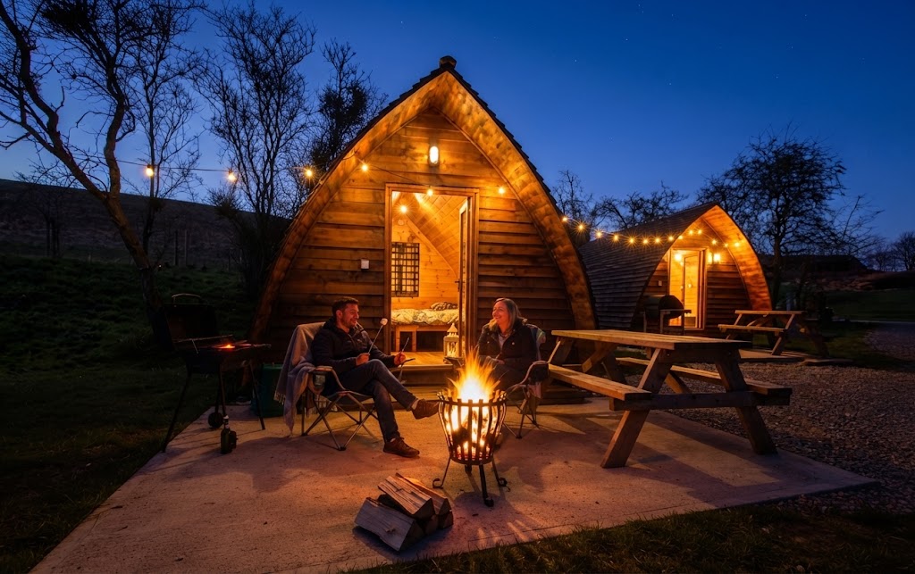 Yurt with wood burner smoke rising in a South Wales meadow