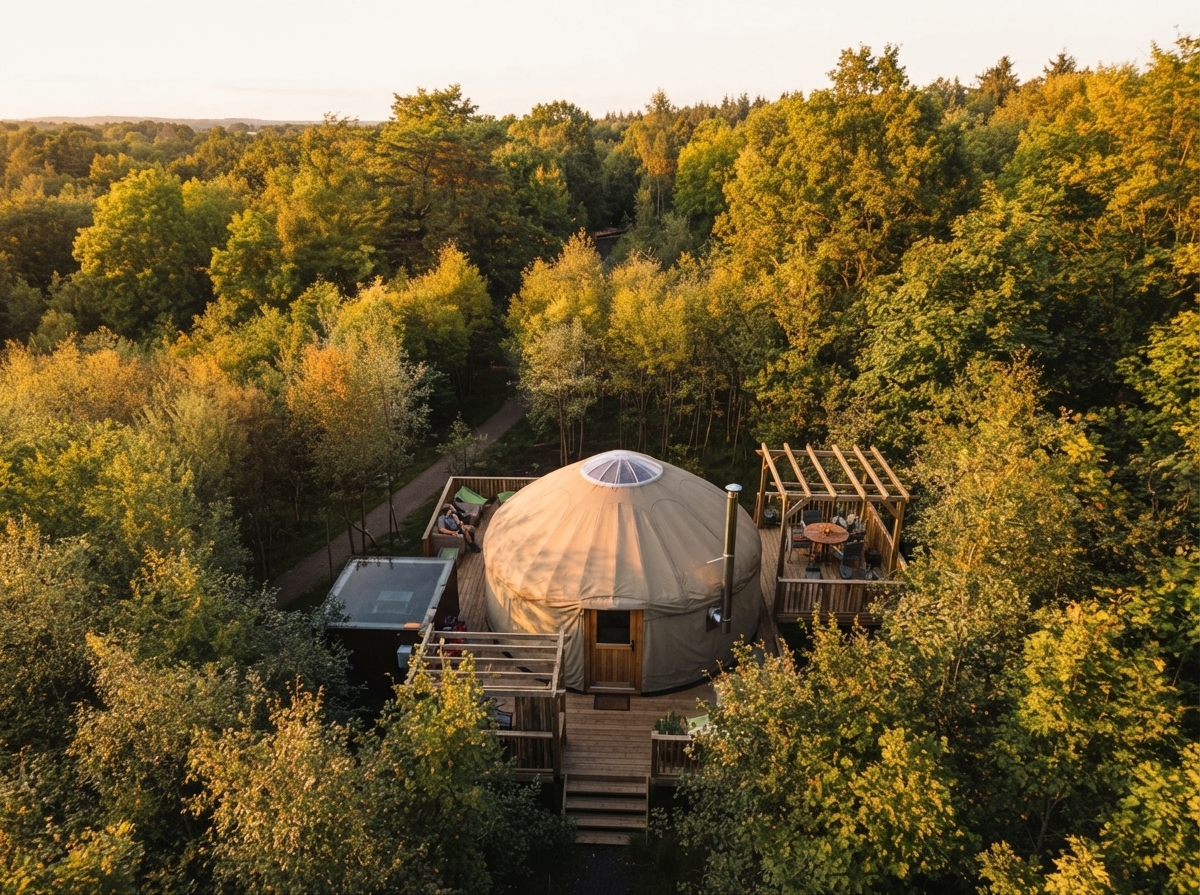Camping pods in a forest clearing in the South Wales valleys