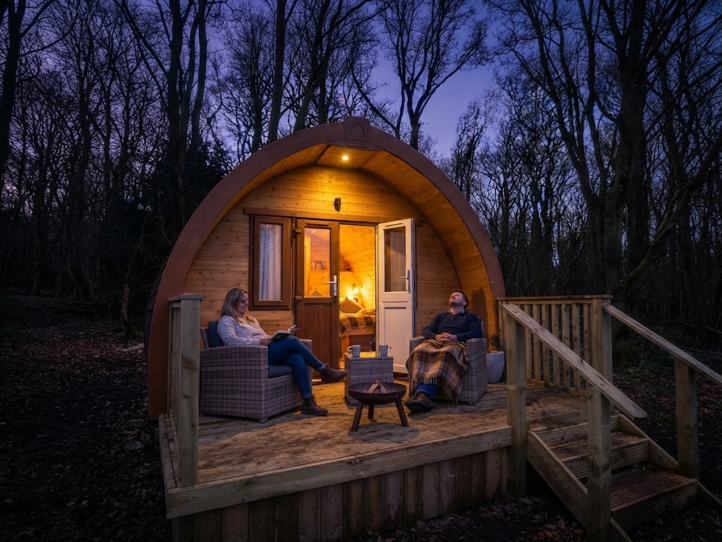 Private hot tub on a decked terrace with panoramic Welsh landscape views