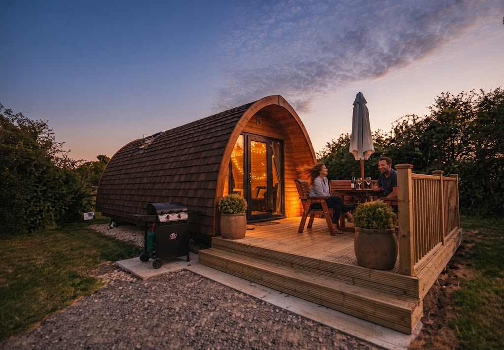 Timber glamping cabin with hot tub and log store in a wooded setting