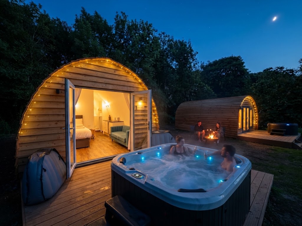 Glamping yurt with hot tub and firewood stack in a Welsh clearing