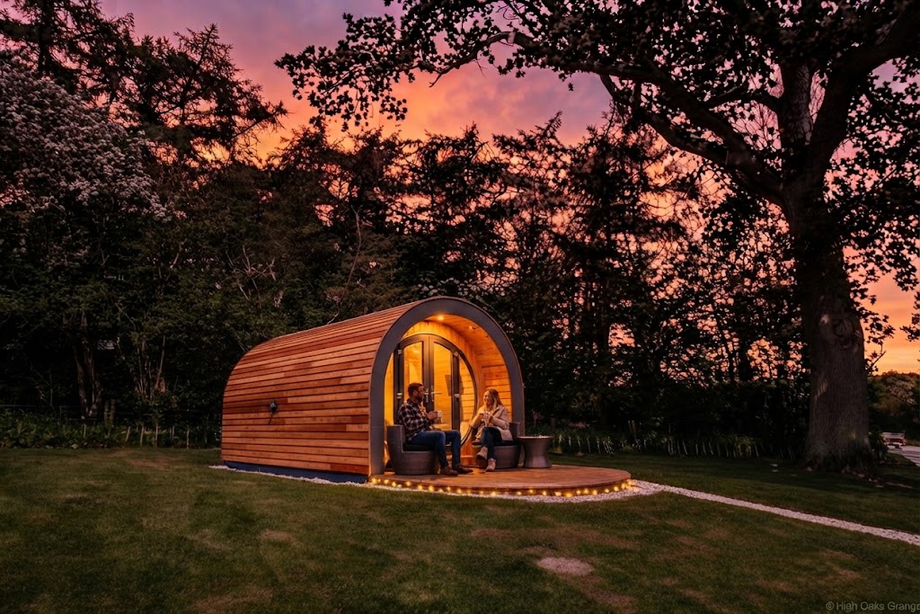 Treehouse glamping unit built into mature trees with a rope walkway