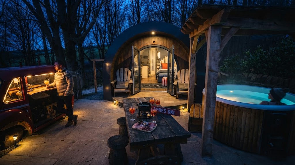 Earth-covered hobbit style lodge built into a Welsh hillside