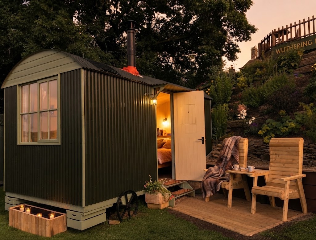 Glamping site in the Conwy Valley with pods and mountain backdrop