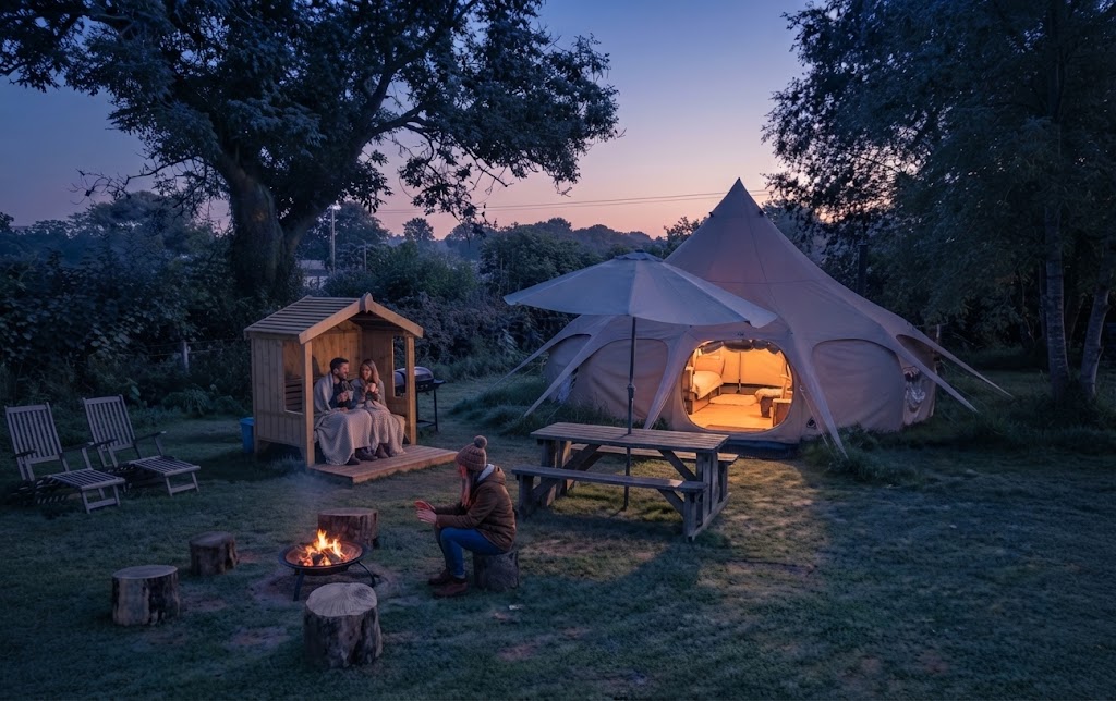 Luxury glamping cabin at dusk with lit windows and a private hot tub