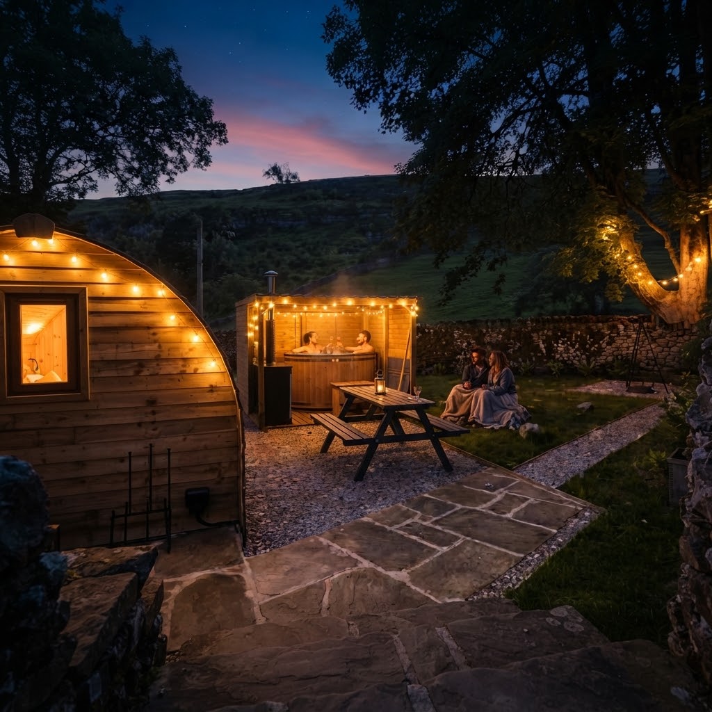 Modern insulated glamping pod with large glass doors in a North Wales field