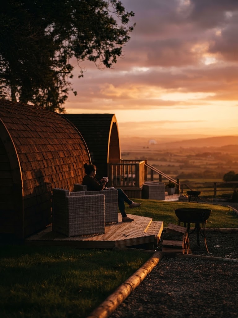 Steaming hot tub on a wooden deck beside a glamping pod at dusk in North Wales