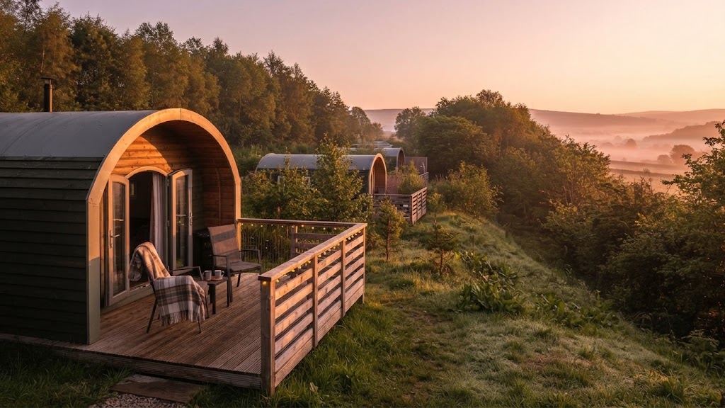 Couple relaxing in a wood-fired hot tub with mountain views behind them