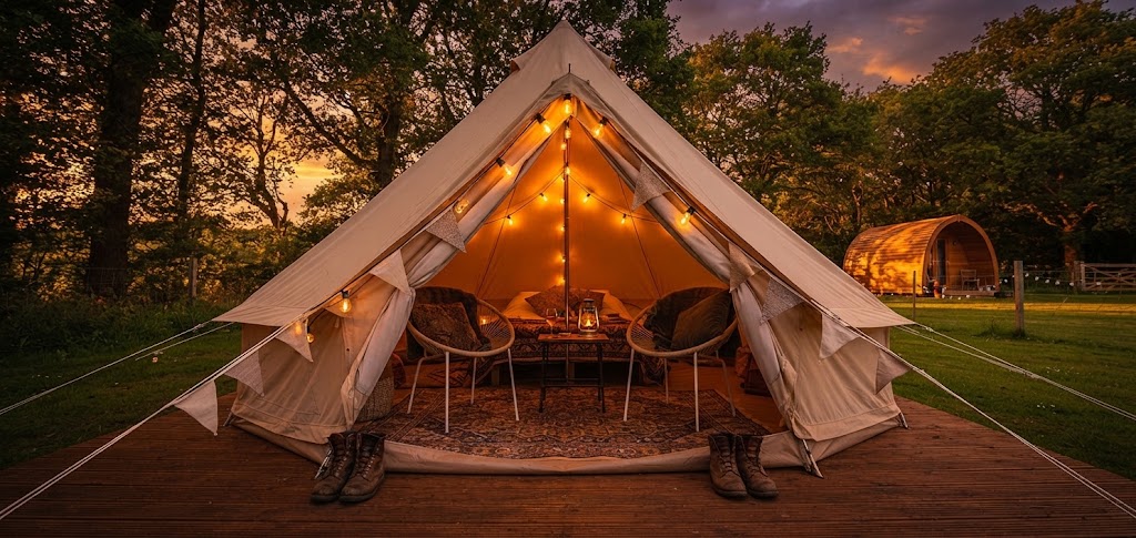 Luxury glamping cabin with hot tub set among trees near Snowdonia