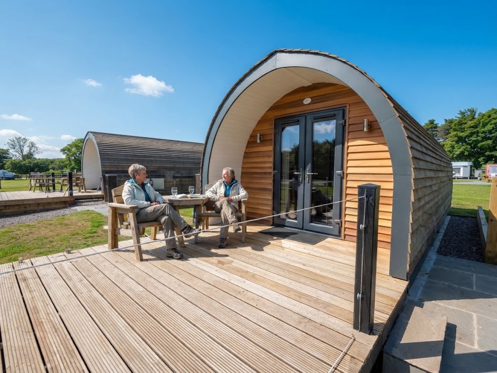 Row of camping pods in a forest clearing in South Wales
