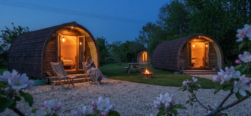 Luxury pod with hot tub, decking and countryside views