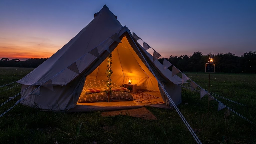 Yurt with wooden door standing in a Welsh meadow at sunset
