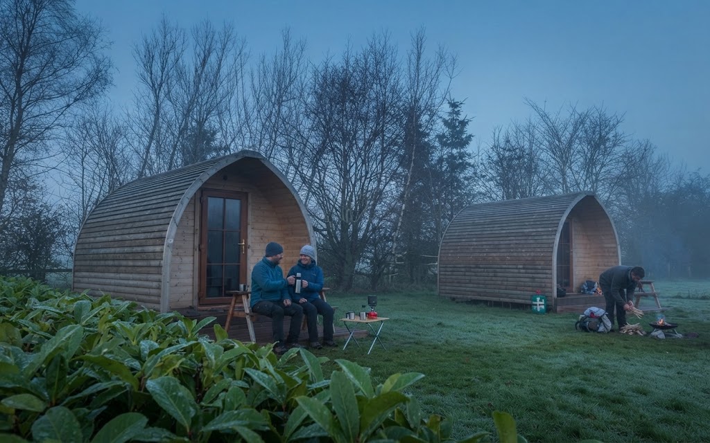 Cluster of yurts on a hillside in South Wales with hills beyond